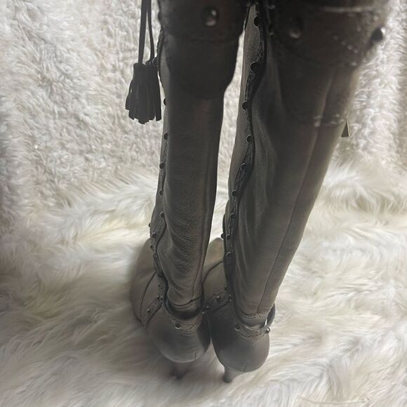 Gianni Bini Leather Taupe Studded Tassel Tall High Heel slip on  Boots Size 8.5M - Picture 6 of 12
